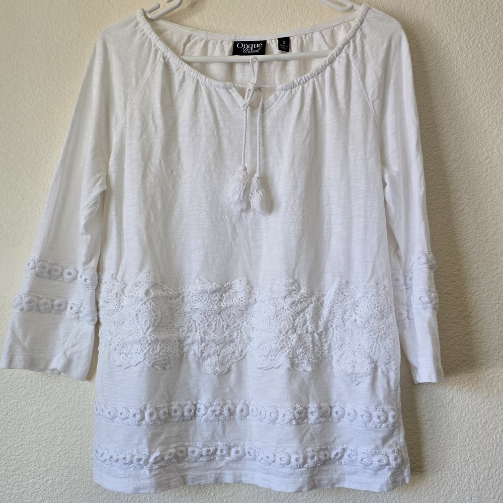 Onque Casuals Small Cotton Modal Peasant Top 3/4 Sleeve Lace Boho Coastal Beachy